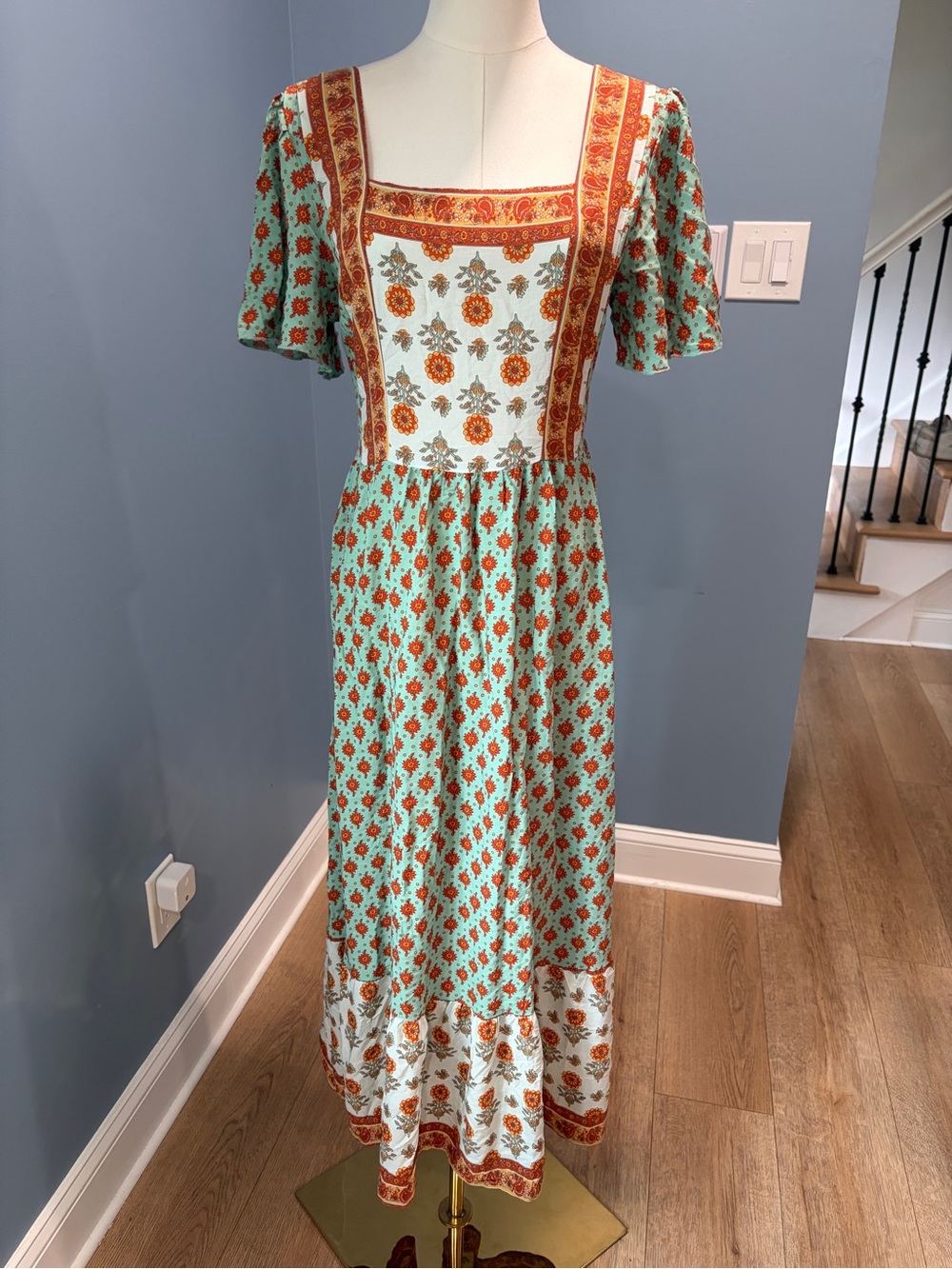 Aqua Rust Floral Boho Maxi Dress Square Neck Smocked Back Small